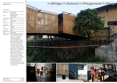 Bridge School - Presentation panels are drawings, images, and text graphically prepared by the architect and submitted to the Aga Khan Award for Architecture during the later round of the Award cycle. The portfolios are kept in the Aga Khan Trust for Culture Library for consultation purposes.