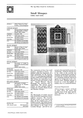 Island Mosque - A project summary is a brief description of the project compiled by an editor at the Aga Khan Award for Architecture extracting information from the architect's record, client's record, presentation panels, and nominators statement.