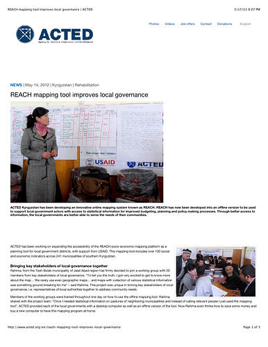 <div>ACTED has been working on expanding the accessibility of the REACH socio-economic mapping platform as a planning tool for local government districts, with support from USAID. This mapping tool includes over 100 social and economic indicators across 241 municipalities of southern Kyrgyzstan.</div>