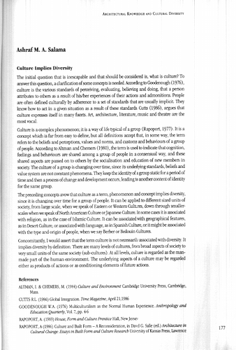 Ashraf Salama - Essay in the publication Architectural Knowledge and Cultural Diversity, proceedings from the 5th Colloquium on Architecture and Behavior held between April 6-8, 1998, in Ascona, Switzerland.