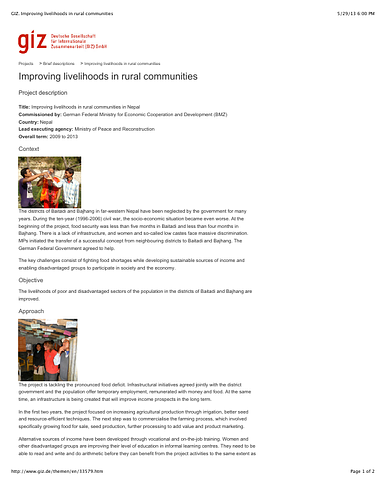 Brief project description of the GIZ project "Improving livelihoods in rural communities in Nepal."