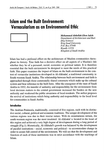 Islam and the Built Environment: Vernacularism as an Environmental Ethic