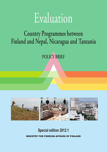 From the Summary:<br/><br/>"This evaluation of the Finnish country programmes with Nepal, Nicaragua and Tanzania over the past decade was commissioned by the Ministry for Foreign Affairs of Finland (MFA) and focused on: (a) how anti-poverty development policies and the agents of policy implementation interacted, and influenced each country programme; (b) how cooperation contributed to aid effectiveness in Paris Declaration terms; (c) how cooperation contributed to promoting the cross-cutting themes (CCTs) of Finnish development policy; (d) how the Finnish development policy frameworks of 1998, 2001, 2004 and 2007 were transformed into practice, including the issue of Finnish added value; and (e) how the successes and failures of the recent past can be understood and used to improve the processes of development cooperation."