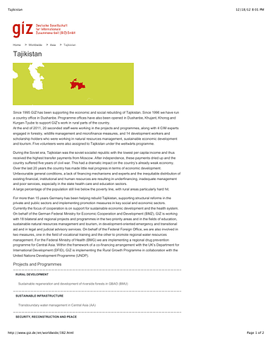 PDF of a web page describing the work of GIZ in Tajikistan.