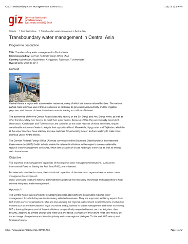 Program description of the Transboundary water management in Central Asia project which ran from 2009-2011.