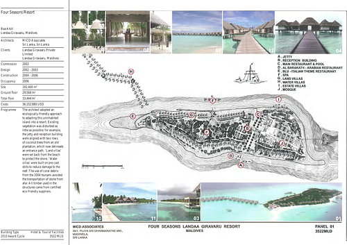 Four Seasons Resort - Presentation panels are drawings, images, and text graphically prepared by the architect and submitted to the Aga Khan Award for Architecture during the later round of the Award cycle. The portfolios are kept in the Aga Khan Trust for Culture Library for consultation purposes.