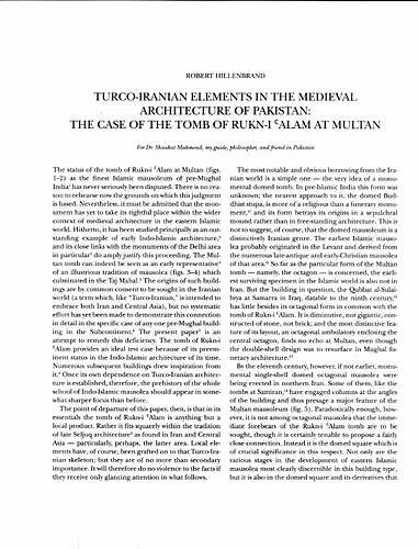 Turco-Iranian Elements in the Medieval Architecture of Pakistan: The Case of the Tomb of Rukn-i 'Alam at Multan