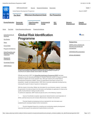 PDF of a web page describing the work of the Global Risk Identification Programme (GRIP), a program launched in 2007 to support worldwide activities to identify and monitor disaster risks.