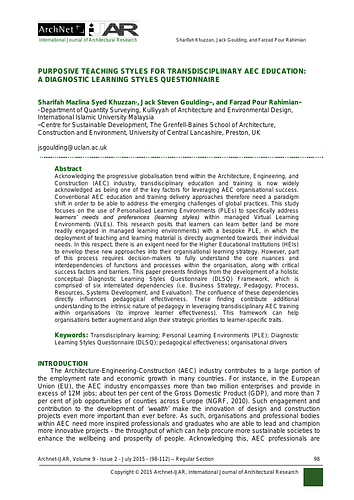 Purposive Teaching Styles for Transdisciplinary AEC Education: A Diagnostic Learning Styles Questionnaire