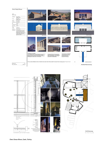 Emre Senan House - Presentation panels are drawings, images, and text graphically prepared by the architect and submitted to the Aga Khan Award for Architecture during the later round of the Award cycle. The portfolios are kept in the Aga Khan Trust for Culture Library for consultation purposes.