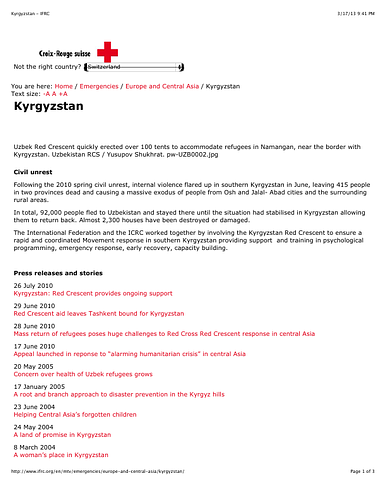 <div>Webpage providing links to IFRC press releases and news stories about IFRC response to the emergency situation in Kyrgyzstan caused by Spring 2010 civil unrest.</div><div><br></div>