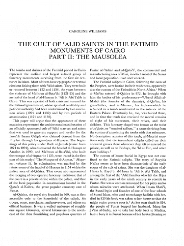 The Cult of Alid Saints in the Fatimid Monuments of Cairo