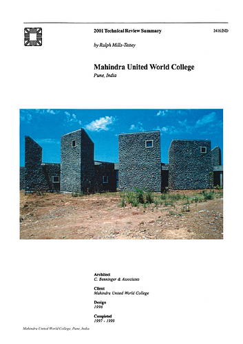 Mahindra United World College - <p>The On-site Review Report, formerly called the Technical Review, is a document prepared for the Aga Khan Award for Architecture by commissioned independent reviewers who report to the Master Jury about a specific shortlisted project. The reviewers are architectural professionals specialised in various disciplines, including housing, urban planning, landscape design, and restoration. Their task is to examine, on-site, the shortlisted projects to verify project data seek. The reviewers must consider a detailed set of criteria in their written reports, and must also respond to the specific concerns and questions prepared by the Master Jury for each project. This process is intensive and exhaustive making the Aga Khan Award process entirely unique.</p>
