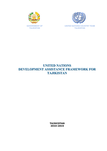 "This United Nations Development Assistance Framework (UNDAF) covers the period 2010-2015, and has been designed to support Tajikistan’s goals for its National Development Strategy (NDS) and the Millennium Development Goals (MDGs). Developed through an extensive consultative process involving all stakeholders, it is also part of the donors’ Joint Country Support Strategy (JCSS), which came about as a result of the Paris Declaration on Aid Effectiveness."
