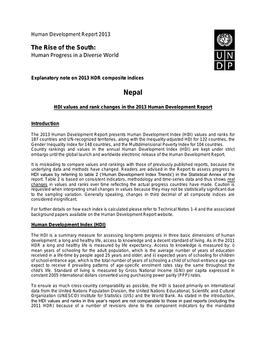 Explanatory note for Nepal on the <a href="http://archnet.org/library/documents/one-document.jsp?document_id=14187"target="_blank">Human Development Report 2013</a>. The Rise of the South: Human Progress in a Diverse World - "HDI values and rank changes in the 2013 Human Development Report."
