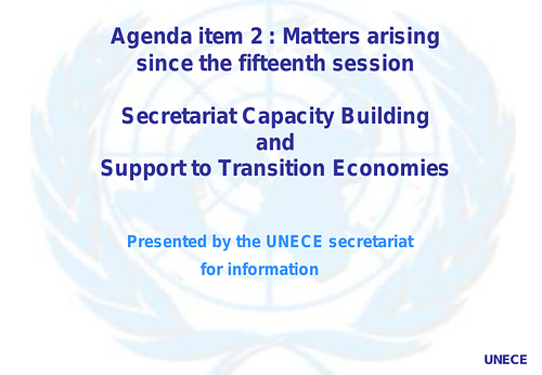 Slides from a presentation by the UNECE secretariat for information at the Economic Commission for Europe, Committee on Trade, Centre for Trade Facilitation and Electronic Business Sixteenth session held in Geneva, 8-10 December 2010.<br/><br/>See the <a href="http://www.unece.org/fileadmin/DAM/cefact/cf_plenary/plenary10/ECE_TRADE_C_CEFACT_2010_25E.pdf"target="_blank">Report of the Centre for Trade Facilitation and  Electronic Business on its sixteenth session</a> for more information.
