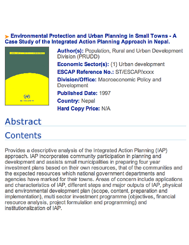 Brief description for the book <i>Environmental Protection and Urban Planning in Small Towns - A Case Study of the Integrated Action Planning Approach in Nepal</i>, published by United Nations ESCAP, 1997.