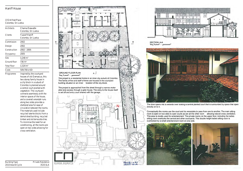 Haniff House - Presentation panels are drawings, images, and text graphically prepared by the architect and submitted to the Aga Khan Award for Architecture during the later round of the Award cycle. The portfolios are kept in the Aga Khan Trust for Culture Library for consultation purposes.