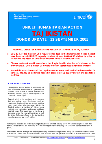 UNICEF: UNICEF Humanitarian Action Tajikistan Donor Update 12 September 2005