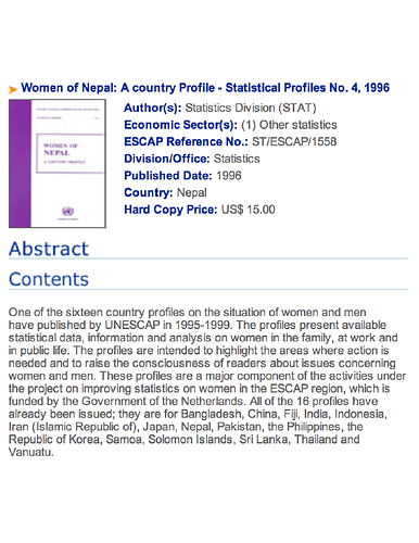 Brief description for the book <i>Women of Nepal: A country Profile - Statistical Profiles No. 4, 1996</i>, published by United Nations ESCAP, 1996.