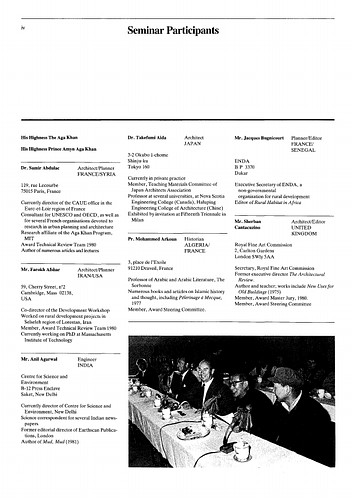 Seminar participants list for The Changing Rural Habitat, proceedings of Seminar Six in the series Architectural Transformations in the Islamic World.  Held in Beijing, People's Republic of China, October 19-22, 1981.