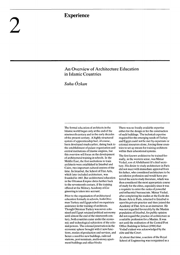 Suha Ozkan - Essay in Architecture Education in the Islamic World, proceedings of Seminar Ten in the series Architectural Transformations in the Islamic World.  Held in Granada, Spain, April 21-25, 1986.