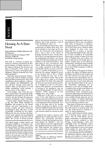 Hasan-Uddin Khan - A compilation of book reviews from the publication Mimar: Architecture in Development.  Housing as a Basic Need by the Regional Institute of Higher Education and Development, reviewed by Norman Edwards; Traditional Architecture of Afghanistan by Stanley I. Hallet and Rafi Samizay, reviewed by S. Niroumand-Rad; Architettura Nei Paesi Islamic, Seconda mostra internazionale di architettura La Biennale de Venezia; Urban Planning in the Third World: The Chandigarh Experience by Madhu Sarin, reviewed by Emma Hooper; Living with the Desert- Working Buildings of the Iranian Plateau by Elisabeth Beazley and Michael Harverson, reviewed by Lee Home; Appropriate or Underdeveloped Technology? by Arghiri Emmanuel, reviewed by Kahveh Rahnema; Traditional Houses in Baghdad by John Warren and Ihsan Fethi; Architecture and Community: Building in the Islamic World Today edited by Renata Holod with Darl Rastorfer.