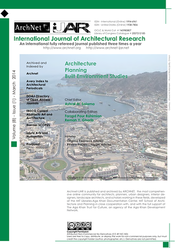 Ashraf Salama - Archnet-IJAR International Journal of Architectural Research is an interdisciplinary, fully-refereed scholarly online journal of architecture, planning, and built environment studies. Two international boards (advisory and editorial) ensure the quality of scholarly papers and allow for a comprehensive academic review of contributions spanning a wide spectrum of issues, methods, theoretical approaches and architectural and development practices.  <br><br>ArchNet-IJAR provides a comprehensive academic review of a wide spectrum of issues, methods, and theoretical approaches. It aims to bridge theory and practice in the fields of architectural/design research and urban planning/built environment studies, reporting on the latest research findings and innovative approaches for creating responsive environments. Articles are listed individually below.<div><br><p class="MsoNormal">Keywords: Archnet-IJAR; Aga Khan Documentation Center at MIT; publishing;
architecture; urbanism; sustainable design; new technologies, indigenous forms;
innovative approaches; green aesthetics; film; chronology, person-environment transactions;
behavior setting analysis; traditional souqs; Souq Mutrah; walkthrough
assessment; behavioral mapping; place; meaning; traditional streets; tunnel
formwork; housing; user comfort; user satisfaction; architectural styles; built
heritage; conservation policy; Port Said city; sustainable development; urban
conservation; assessment tool; sustainable management; built heritage; Islamic
architecture; Adelaide mosque; hybrid architecture; resilience; assimilation; :
timeless buildings; sacred buildings; spiritual spaces; brain waves; energy
lines; power spots; Autism; educational environments; school design; special
needs; Terrain Vague; regeneration; landscape; Doha; architecture; urbanism;
emerging city; design; basic design; design education; landscape architecture; architectural
historiography; modern architecture; phenomenology<o:p></o:p></p></div>