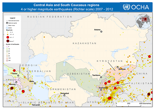 Map of locations of 4 or higher magnitude earthquakes in Central Asia and the South Caucasus regions between 2007 and 2012.