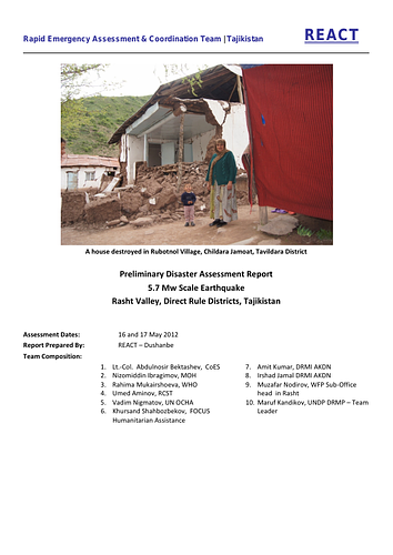 UNOCHA Relief Web: Preliminary Disaster Assessment Report, 5.7 Mw Scale Earthquake, Rasht Valley, Direct Rule Districts, Tajikistan