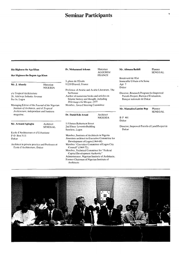 Seminar participants list of Reading the Contemporary African City, proceedings of Seminar Seven in the series Architectural Transformations in the Islamic World. Held in Dakar, Senegal, November 2-5, 1982.