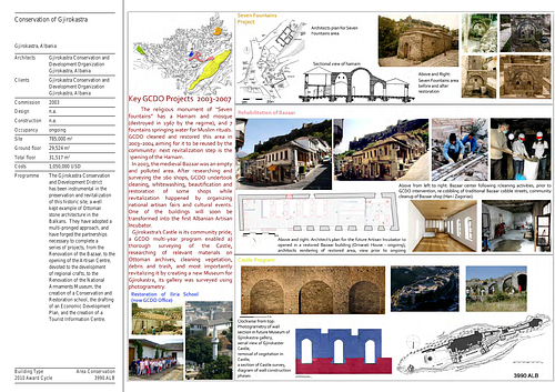 Gjirokastra Conservation - Presentation panels are drawings, images, and text graphically prepared by the architect and submitted to the Aga Khan Award for Architecture during the later round of the Award cycle. The portfolios are kept in the Aga Khan Trust for Culture Library for consultation purposes.