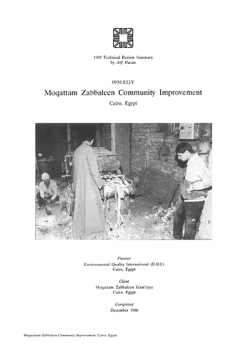 Muqattam Zabbaleen Community Improvement Project - The On-site Review Report, formerly called the Technical Review, is a document prepared for the Aga Khan Award for Architecture by commissioned independent reviewers who report to the Master Jury about a specific shortlisted project. The reviewers are architectural professionals specialised in various disciplines, including housing, urban planning, landscape design, and restoration. Their task is to examine, on-site, the shortlisted projects to verify project data seek. The reviewers must consider a detailed set of criteria in their written reports, and must also respond to the specific concerns and questions prepared by the Master Jury for each project. This process is intensive and exhaustive making the Aga Khan Award process entirely unique.