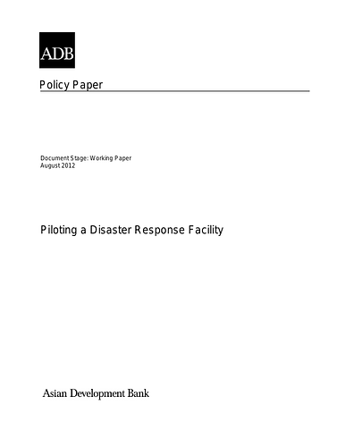 Working paper, August 2012.<br/><br/>From the Introduction:<br/>"During the 10th replenishment of the Asian Development Fund (ADF XI), the Asian Development Bank (ADB) presented proposals to strengthen its capacity to assist ADF countries in responding to natural disasters. ADF donors appreciated the growing risks that natural disasters pose to sustainable development in ADF countries. After intensive discussions during three ADF XI replenishment meetings and other consultations, ADF donors agreed to pilot the Disaster Response Facility (DRF) in the ADF XI period, 2013–2016. ADB will report on the implementation progress of the DRF at the ADF XI midterm review, and discuss the future of the DRF with the ADB Board of Directors and ADF donors at the ADF XII negotiations. This paper presents the rationale, design, and other relevant aspects of the pilot DRF."