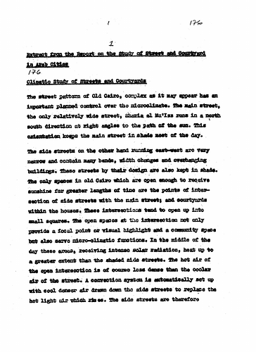 Hassan Fathy - The document outlines studies conducted on the relationship of the street and courtyards in Arab cities, using the old city of Cairo as an example. It also exhibits the results of an experiment conducted by Fathy in May of 1974 which measured wind patterns and temperatures recorded throughout the day at the Sihaymi House in Old Cairo.