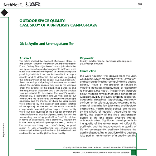 Dicle Aydın - This article studied the concept of campus plaza, i.e. the outdoor space of the Selcuk University located in Konya, Turkey. The objective of the study in which the survey, observation and photographic methods were used, was to examine the plaza as an outdoor space providing individual and social benefits to campus people and to determine the principles regarding the establishment of this space. Two hundred forty three students participating in the survey were asked about the outdoor spaces they use in the campus area, the qualities of the plaza, their purposes and the frequency of plaza use, and a descriptive analysis was performed to determine the plaza’s quality. Additionally, a correlation analysis was carried out to evaluate the relationship between the landscape accessory and the manner in which the users’ senses were affected by the experienced space (profiles of the space). At the end of this study, two main components determining the campus plaza’s quality were found: (i) qualities of the physical environment (climatic features, location of plaza, its relation with the surrounding structuring, pedestrian / vehicle relation in terms of accessibility, fi xed elements / equipment in the area, quality of open space area, quality of landscape accessory and area’s being in good repair) (ii) user characteristics. User characteristics also comprised two quality criteria: (i) the behavioural and functional quality, (ii) the visual quality.