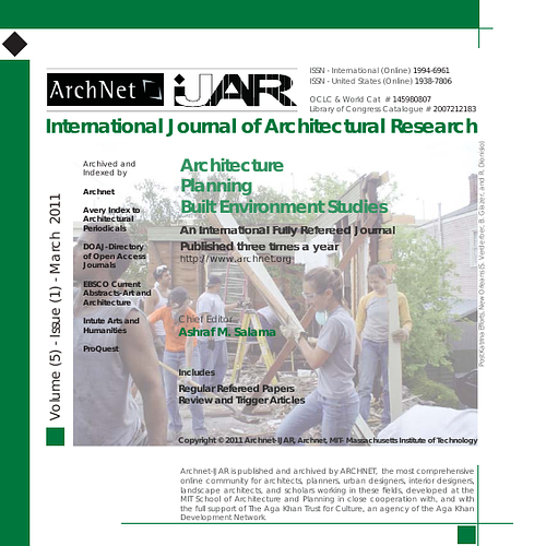 Ashraf Salama - Archnet-IJAR International Journal of Architectural Research is an interdisciplinary, fully-refereed scholarly online journal of architecture, planning, and built environment studies. Two international boards (advisory and editorial) ensure the quality of scholarly papers and allow for a comprehensive academic review of contributions spanning a wide spectrum of issues, methods, theoretical approaches and architectural and development practices.  <br><br>ArchNet-IJAR provides a comprehensive academic review of a wide spectrum of issues, methods, and theoretical approaches. It aims to bridge theory and practice in the fields of architectural/design research and urban planning/built environment studies, reporting on the latest research findings and innovative approaches for creating responsive environments. Articles are listed individually and can be sorted by author, title or year.