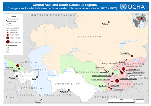 Map showing locations of emergencies in Central Asia and the South Caucasus region for which governments requested international assistance from 2007-2012.