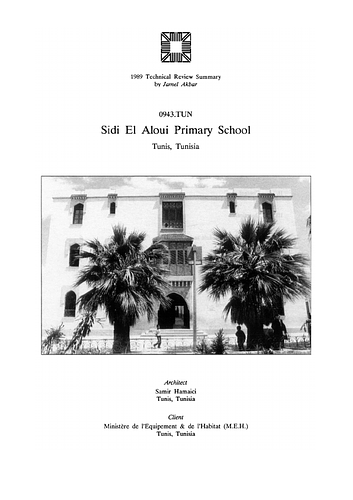 Sidi el-Aloui Primary School - The On-site Review Report, formerly called the Technical Review, is a document prepared for the Aga Khan Award for Architecture by commissioned independent reviewers who report to the Master Jury about a specific shortlisted project. The reviewers are architectural professionals specialised in various disciplines, including housing, urban planning, landscape design, and restoration. Their task is to examine, on-site, the shortlisted projects to verify project data seek. The reviewers must consider a detailed set of criteria in their written reports, and must also respond to the specific concerns and questions prepared by the Master Jury for each project. This process is intensive and exhaustive making the Aga Khan Award process entirely unique.
