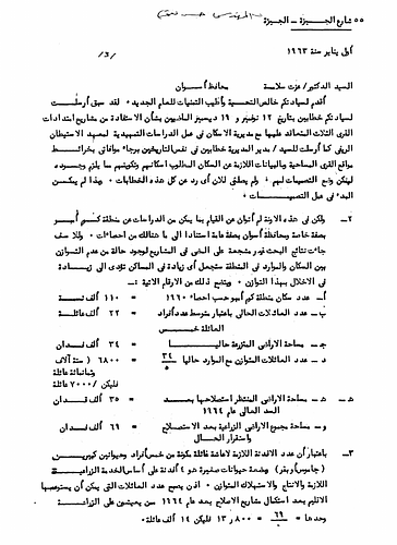 Hassan Fathy - Written To: Izzat Salamat, Governor of Aswan<br/><br/>Date: January 1, 1963.<br/><br/>Fathy discusses the benefits of the extensions made to the three villages in the rural reconstruction projects in the Aswan area. He suggest several ways in which the construction can be better adapted to needs and requirements of the migrated population of Nuba.