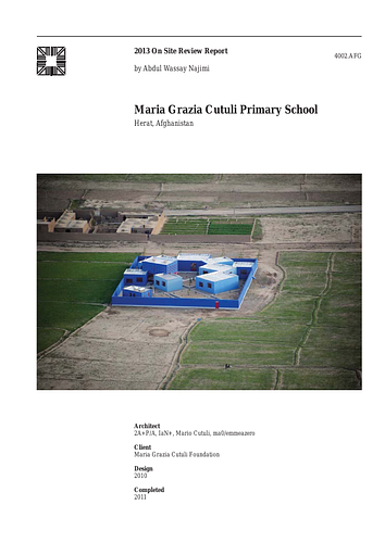 Maria Grazia Cutuli Primary School - The On-site Review Report, formerly called the Technical Review, is a document prepared for the Aga Khan Award for Architecture by commissioned independent reviewers who report to the Master Jury about a specific shortlisted project. The reviewers are architectural professionals specialised in various disciplines, including housing, urban planning, landscape design, and restoration. Their task is to examine, on-site, the shortlisted projects to verify project data seek. The reviewers must consider a detailed set of criteria in their written reports, and must also respond to the specific concerns and questions prepared by the Master Jury for each project. This process is intensive and exhaustive making the Aga Khan Award process entirely unique.