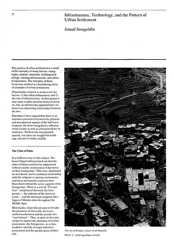 Ismaïl Serageldin - Essay in Development and Urban Metamorphosis; Volume 1: Yemen at the Cross-Roads, proceedings of Seminar Eight in the Series Architectural Transformations in the Islamic World.  Held in Sana'a, Yemen Arab Republic, May 25-30, 1983.