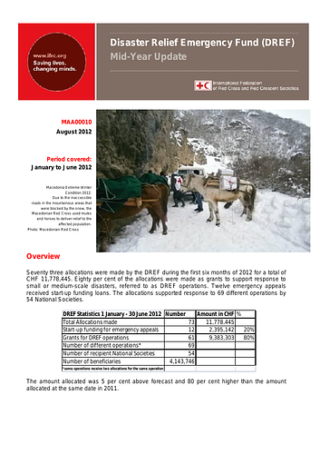 Mid-year update for the International Federation of Red Cross and Red Crescent Societies' Disaster Relief Emergency Fund, covering the period January-June 2012.