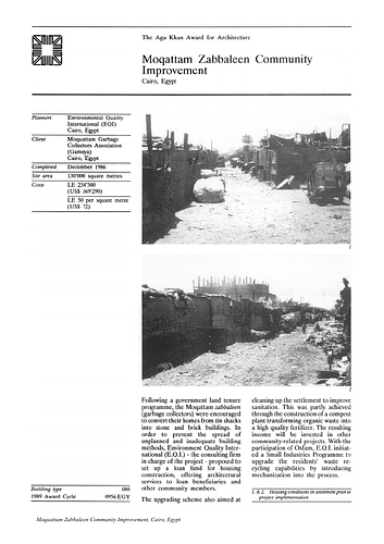 Muqattam Zabbaleen Community Improvement Project - A project summary is a brief description of the project compiled by an editor at the Aga Khan Award for Architecture extracting information from the architect's record, client's record, presentation panels, and nominators statement.