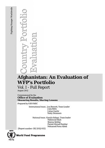 <p class="p1" style="margin-bottom: 15px; padding: 0px;">The Afghanistan Country Portfolio Evaluation (CPE) encompasses the entirety of World Food Programme (WFP) activities in protracted relief and recovery operation (PRRO) 200063 from April 2010 to June 2012. The PRRO aimed to enhance food security and improve the human and productive capital of 7.6 million food-insecure Afghans. As planned, it was the second largest PRRO in the world, representing 9&nbsp;percent of WFP’s total global budget.</p><p class="p1" style="margin-bottom: 15px; padding: 0px;">Given the extremely complex and challenging operating environment in Afghanistan, WFP’s operations underwent considerable change over the portfolio period.&nbsp;The evaluation found that WFP was appropriately and closely aligned with the evolving general architecture of government policy.&nbsp;Operationally, the evaluation found that while WFP worked closely with government partners at the local level for delivery, monitoring and follow-up, there were challenges and concerns related to partners’ legitimacy in some regions and the adequacy of their management of WFP’s food distribution.</p><p class="p2" style="margin-bottom: 15px; padding: 0px;">Perhaps most importantly, conflict-sensitivity within the portfolio has remained reactive and focused on the maintenance of current activities rather than re-design. Overall, the medium- and longer-term activities such as food for assets were well received by beneficiary communities and nutrition projects have shown some encouraging results.&nbsp;</p><p class="p2" style="margin-bottom: 15px; padding: 0px;">Source: <a href="http://www.wfp.org/content/afghanistan-evaluation-wfps-portfolio-2010-2012">WFP</a></p>