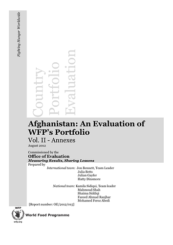 <p class="p1" style="margin-bottom: 15px; padding: 0px;">The Afghanistan Country Portfolio Evaluation (CPE) encompasses the entirety of World Food Programme (WFP) activities in protracted relief and recovery operation (PRRO) 200063 from April 2010 to June 2012. The PRRO aimed to enhance food security and improve the human and productive capital of 7.6 million food-insecure Afghans. As planned, it was the second largest PRRO in the world, representing 9&nbsp;percent of WFP’s total global budget.<br></p><p class="p1" style="margin-bottom: 15px; padding: 0px;">Given the extremely complex and challenging operating environment in Afghanistan, WFP’s operations underwent considerable change over the portfolio period.&nbsp;The evaluation found that WFP was appropriately and closely aligned with the evolving general architecture of government policy.&nbsp;Operationally, the evaluation found that while WFP worked closely with government partners at the local level for delivery, monitoring and follow-up, there were challenges and concerns related to partners’ legitimacy in some regions and the adequacy of their management of WFP’s food distribution.</p><p class="p2" style="margin-bottom: 15px; padding: 0px;">Perhaps most importantly, conflict-sensitivity within the portfolio has remained reactive and focused on the maintenance of current activities rather than re-design. Overall, the medium- and longer-term activities such as food for assets were well received by beneficiary communities and nutrition projects have shown some encouraging results.&nbsp;</p><p class="p2" style="margin-bottom: 15px; padding: 0px;">Source: <a href="http://www.wfp.org/content/afghanistan-evaluation-wfps-portfolio-2010-2012">WFP</a></p>