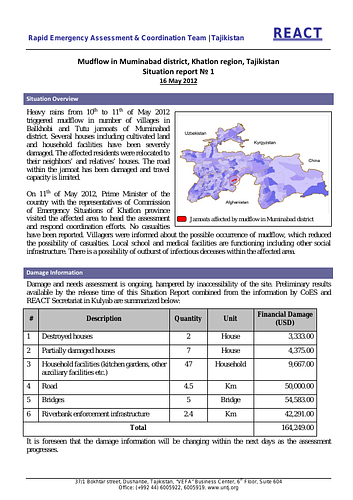 UNOCHA Relief Web: Mudflow in Muminabad district, Khatlon region, Tajikistan, Situation report № 1 (16 May 2012)