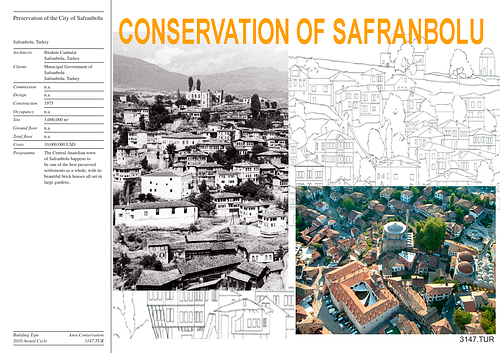 Preservation of the City of Safranbolu - Presentation panels are drawings, images, and text graphically prepared by the architect and submitted to the Aga Khan Award for Architecture during the later round of the Award cycle. The portfolios are kept in the Aga Khan Trust for Culture Library for consultation purposes.
