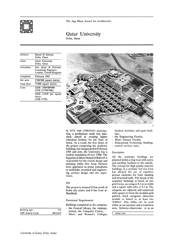 Qatar University - A project summary is a brief description of the project compiled by an editor at the Aga Khan Award for Architecture extracting information from the architect's record, client's record, presentation panels, and nominators statement.