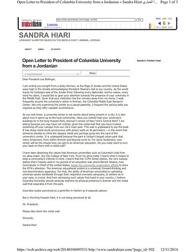 Sandra Hiari - <p>A letter to Columbia University requesting and protesting the university's sealing off its research center from the public park it is nested in.</p><p><span style="font-weight: bold;">Source</span>: Sandra Hiari</p>